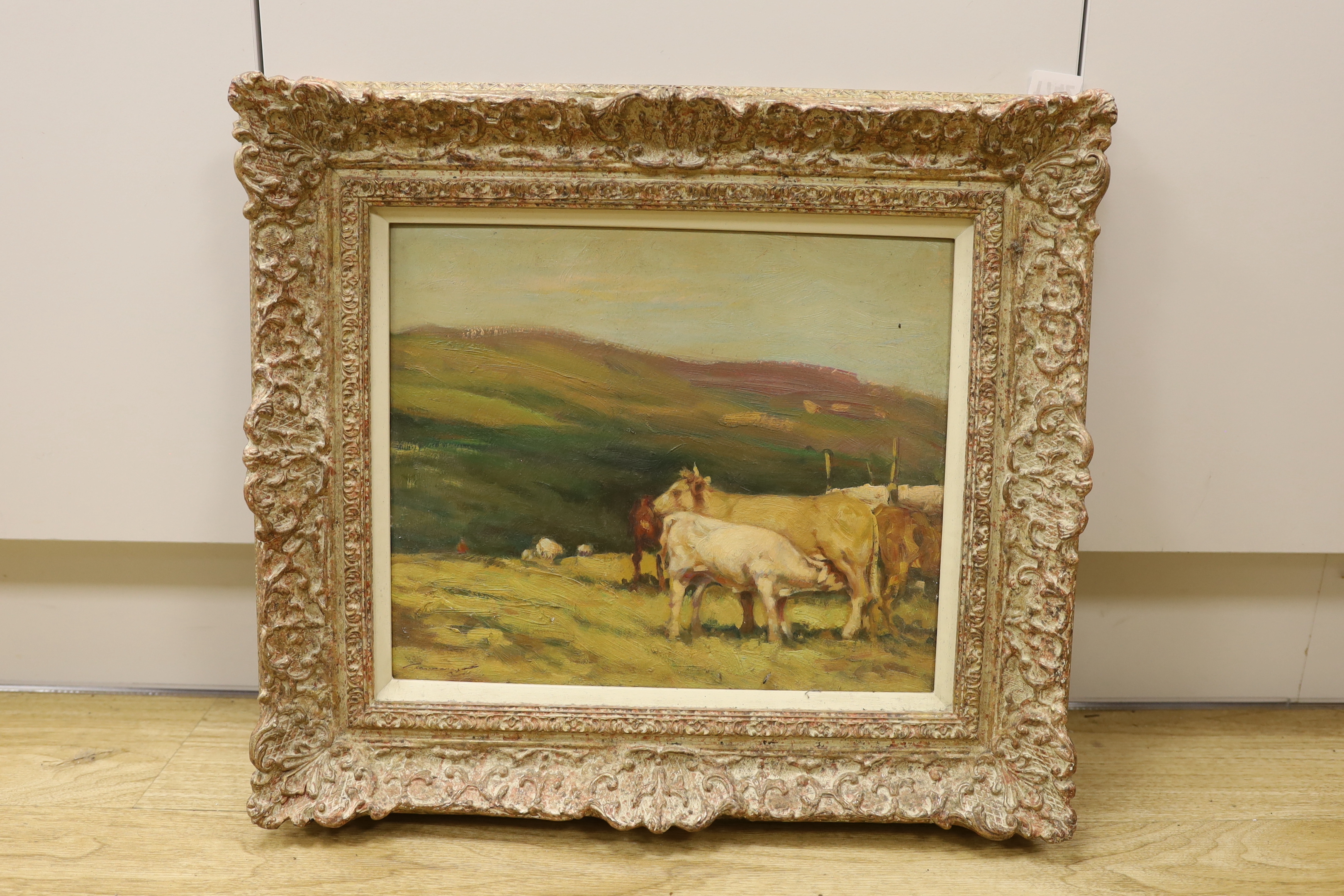 Ken Moroney (b.1949), oil on board, Cattle on a hillside, signed, 29 x 35cm